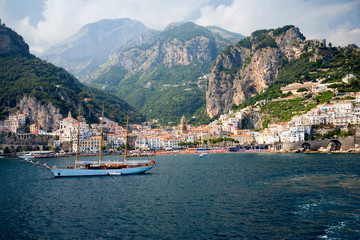 Fototapeta na wymiar Sea view of Amalfi, a town in the province of Salerno, in the region of Campania, Italy, on the Gulf of Salerno, 24 miles southeast of Naples