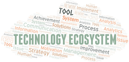 Technology Ecosystem typography vector word cloud.