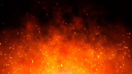 Fire embers particles over black background. Fire sparks background. Abstract dark glitter fire particle lights.