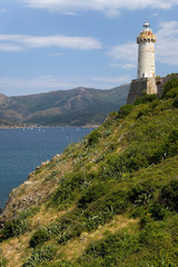 Fototapeta na wymiar Lighthouse of Portoferraio in Portoferraio, Province of Livorno, on the island of Elba in the Tuscan Archipelago of Italy, Europe, where Napoleon Bonaparte was exiled in 1814