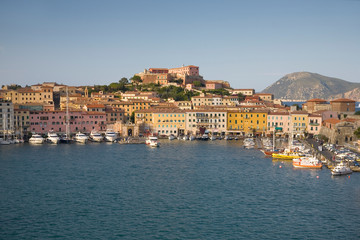 Fototapeta na wymiar Elevated view of harbor of Portoferraio, Province of Livorno, on the island of Elba in the Tuscan Archipelago of Italy, Europe, where Napoleon Bonaparte was exiled in 1814