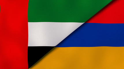 The flags of United Arab Emirates and Armenia. News, reportage, business background. 3d illustration