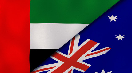 The flags of United Arab Emirates and Australia. News, reportage, business background. 3d illustration