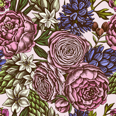 Seamless pattern with hand drawn colored peony, ranunculus, wax flower, ornithogalum, hyacinth