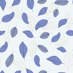 Seamless pattern with blue leaves on a light background. Leaf outline. Fabric swatch. Vector illustration with floral arrangement. Wrap, wallpaper swatches. Bluish outline. Toile Wallpaper.