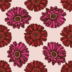 Seamless pattern with hand drawn colored gerbera