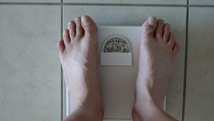Full Frame Overweight Person Standing On Digital Scale With Blank White Label