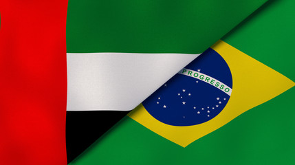 The flags of United Arab Emirates and Brazil. News, reportage, business background. 3d illustration