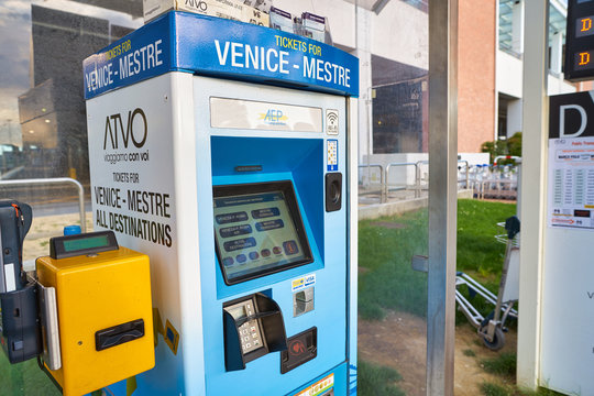 VENICE, ITALY - CIRCA MAY, 2019: A Self Service Ticket Machine At Venice Marco Polo Airport