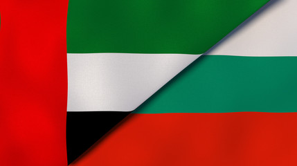 The flags of United Arab Emirates and Bulgaria. News, reportage, business background. 3d illustration