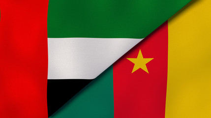 The flags of United Arab Emirates and Cameroon. News, reportage, business background. 3d illustration