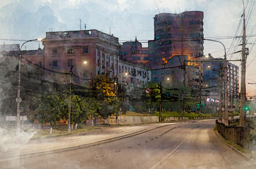 Watercolor empty city in the early morning