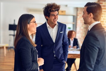 Young beautiful group of business workers smiling happy and confident, Standing with smile on face  speaking relaxed at the office