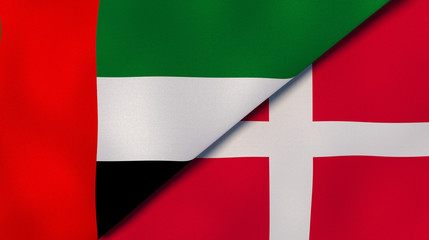 Naklejka premium The flags of United Arab Emirates and Denmark. News, reportage, business background. 3d illustration