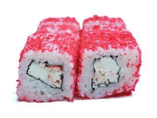 Sushi and rolls close-up, on a white background