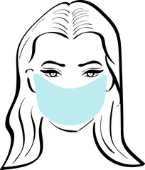 girl, woman with black hair in medicine mask hand drawn on white background. health, fashion, portrait Concept for logo, print , icon 