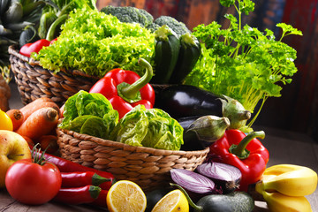 Composition with assorted organic vegetables and fruits