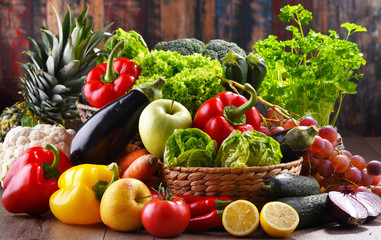 Composition with assorted organic vegetables and fruits