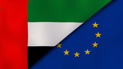 The flags of United Arab Emirates and European Union. News, reportage, business background. 3d illustration