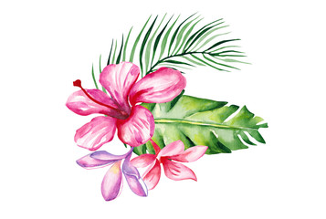 watercolor illustration of hibiscus, palm leaves, plumeria, tropical bouquet on a white background