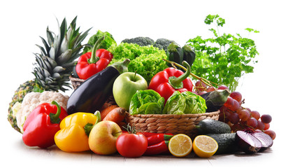 Composition with assorted organic vegetables and fruits