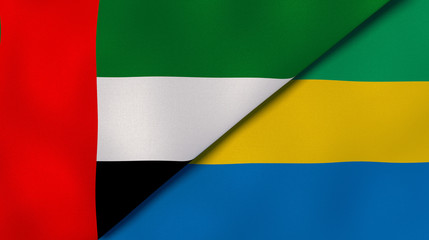 The flags of United Arab Emirates and Gabon. News, reportage, business background. 3d illustration