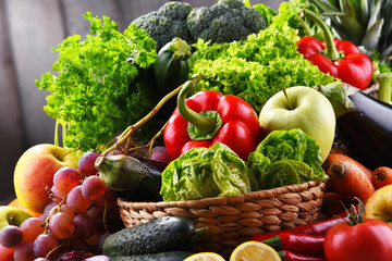 Composition with assorted organic vegetables and fruits