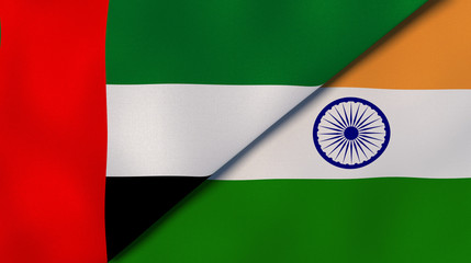The flags of United Arab Emirates and India. News, reportage, business background. 3d illustration