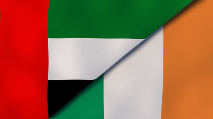 Obraz premium The flags of United Arab Emirates and Ireland. News, reportage, business background. 3d illustration