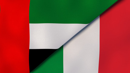 Obraz premium The flags of United Arab Emirates and Italy. News, reportage, business background. 3d illustration