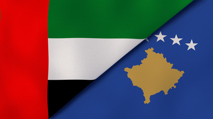 The flags of United Arab Emirates and Kosovo. News, reportage, business background. 3d illustration