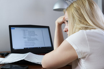 European caucasian business woman freelancer working remotely during quarantine of virus infection, distance job and staying at home concept