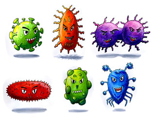 cartoon image of various viruses, freehand drawing