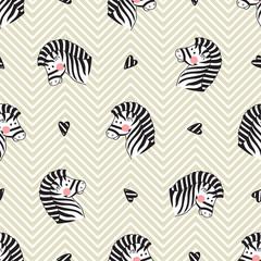 Animals Background for Kids. Vector Seamless Pattern with doodle Cute Zebra and Hearts. Children's wallpaper
