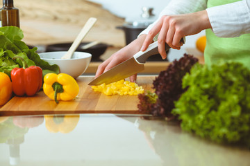 Unknown human hands cooking in kitchen. Woman slicing yellow bell pepper. Healthy meal, and vegetarian food concept