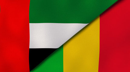 The flags of United Arab Emirates and Mali. News, reportage, business background. 3d illustration