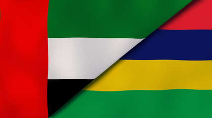 The flags of United Arab Emirates and Mauritius. News, reportage, business background. 3d illustration