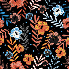 Fluorescent, tropical, wildflowers orange and blue with branches on black background. Seamless pattern.