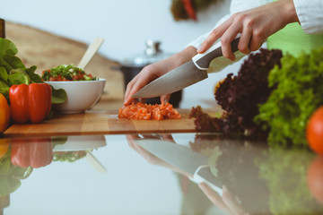 Unknown human hands cooking in kitchen. Woman slicing red tomatoes. Healthy meal, and vegetarian food concept