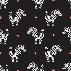 Animal Background for Kids. Vector Seamless Pattern with doodle Cute Zebras and Stars. Children's wallpaper.
