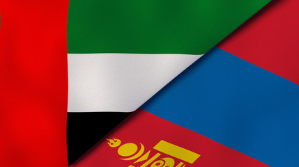 Obraz premium The flags of United Arab Emirates and Mongolia. News, reportage, business background. 3d illustration