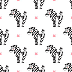 Fototapeta na wymiar Animal Background for Kids. Vector Seamless Pattern with doodle Cute Zebras and Stars. Children's wallpaper. 