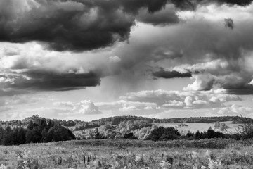 Łąka. Widok na tle pochmurnego nieba b&w