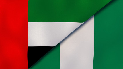 The flags of United Arab Emirates and Nigeria. News, reportage, business background. 3d illustration