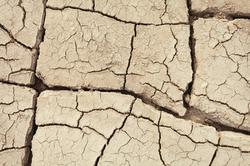 Cracks in the earth in rural areas. Ground texture background. Dry soil abstract photo. Mosaic pattern
