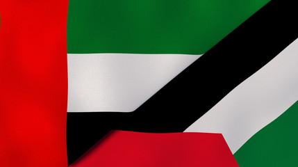 The flags of United Arab Emirates and Palestine. News, reportage, business background. 3d illustration
