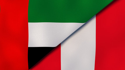 The flags of United Arab Emirates and Peru. News, reportage, business background. 3d illustration