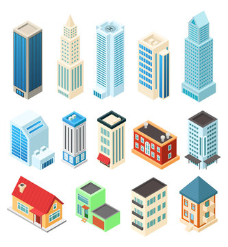 Isometric buildings set isolated on white, office skyscraper and residential house, vector illustration. Modern city architecture, set to build isometric metropolis. American downtown urban building
