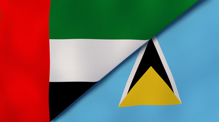 The flags of United Arab Emirates and Saint Lucia. News, reportage, business background. 3d illustration