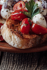 Tomato bruschetta with mozzarella in rural ceramic bowl